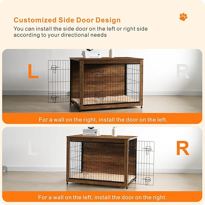 DWANTON Dog Crate Furniture with Cushion, Wooden Kennel Table with Double Doors, Indoor Dog House, Large Size, 38.5" L, Warm Brown-PurrikoPets