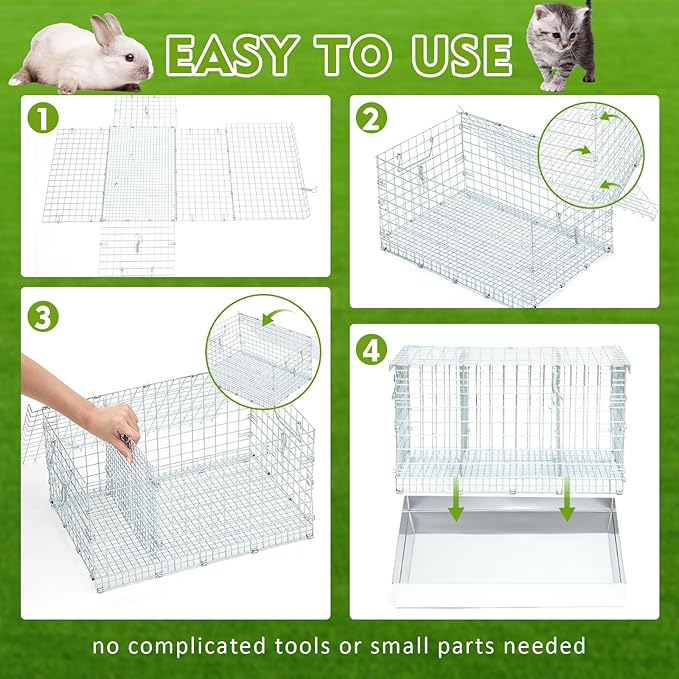 Folding Rabbit Cage, 18 x 12 x 10 in Portable Bunny Carrier with Tray and Handles for Transport, Travel or Temporary Housing, Indoor Outdoor Pet Habitat Animal Enclosure-PurrikoPets