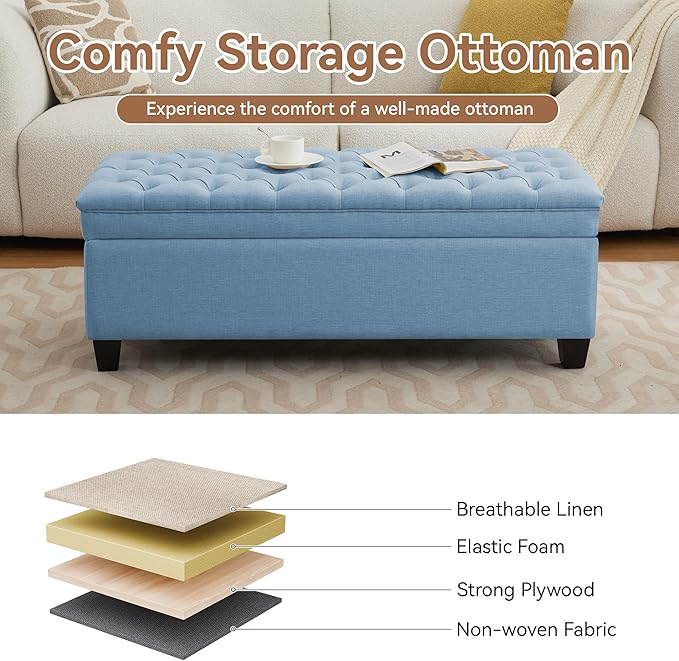 51" Fabric Storage Ottoman Bench, Upholstered Rectangle End of Bed Storage Ottoman Tufted Living Room Bedroom Bench with Safety Hinge, Solid Wood Legs, Loads 500 lb(Light Blue)-PurrikoPets