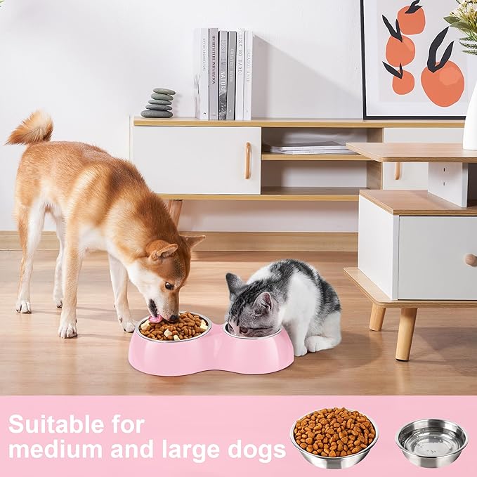 Double Dog Bowls Set – Non-Slip Pet Food & Water Dishes with Resin Stand, Includes Small (1 Cup) & Medium (2 Cups) Bowls – Ideal for Puppies, Cats, and Medium Dogs – Pink-PurrikoPets