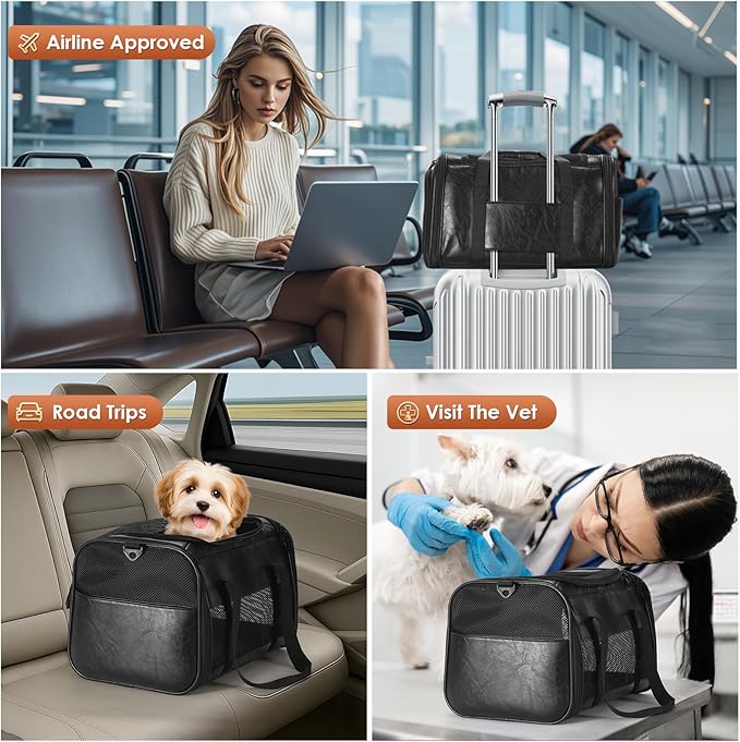 Fashion Leather Dog Carrier, Airline Approved Cat Carrier Soft Sided Pet Bag Carrier Purse for Puppy Kitten Small Animals Black-PurrikoPets