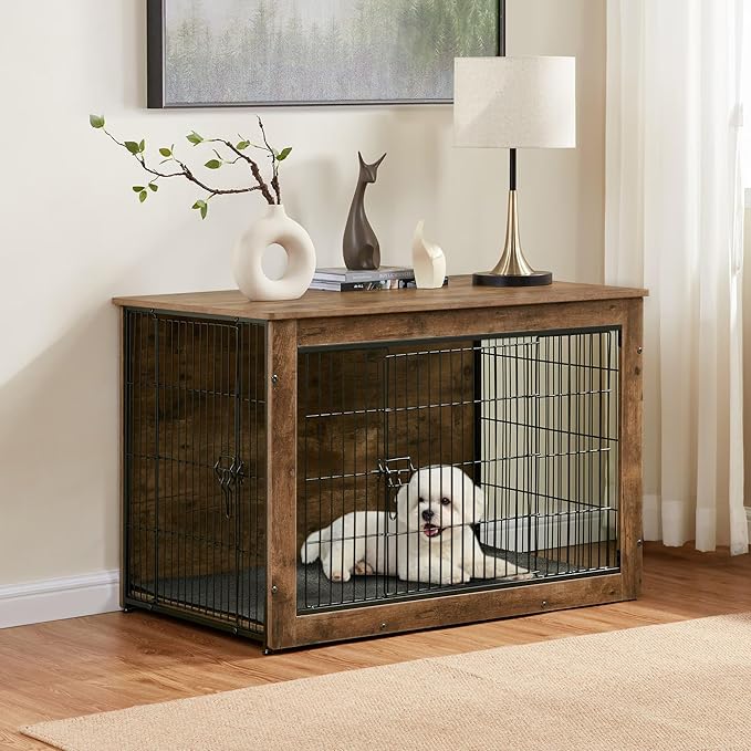 Dog Kennel Furniture, Wooden Dog Crate End Table, Heavy Duty Dog Crate, Decorative Pet Crate Dog Cage for Large Indoor Use (Rustic Brown) 27" L×20" W×23" H-PurrikoPets