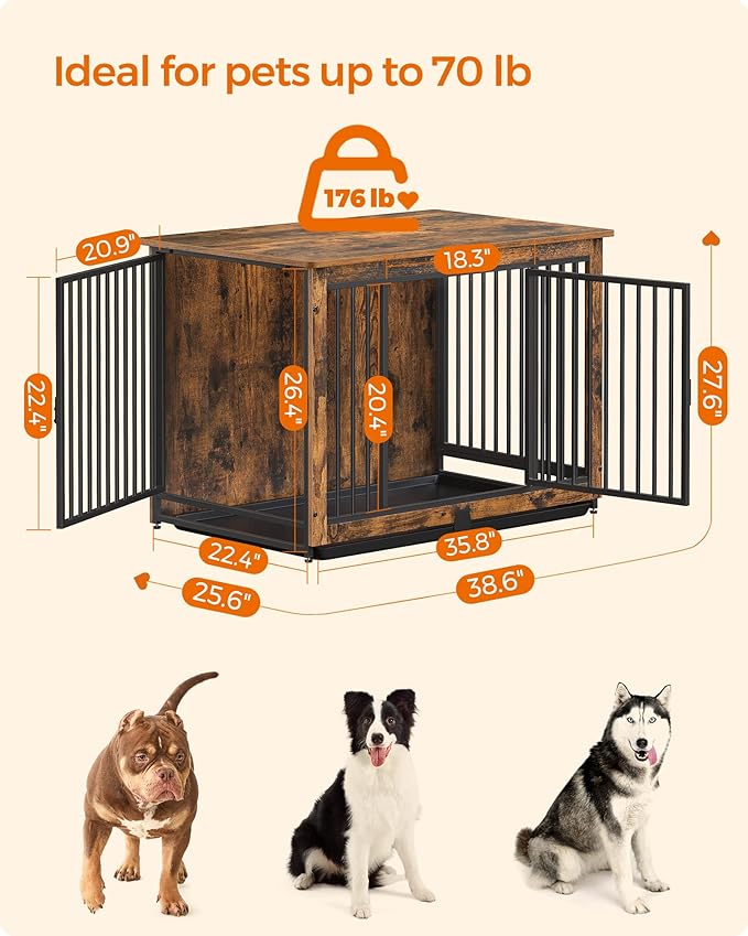 Feandrea Dog Crate Furniture, 38 Inches Dog Kennel for Dogs up to 70 lb, with Removable Tray, Heavy-Duty Dog Cage End Table, Double Doors Dog House, Rustic Brown UPFC013X01-PurrikoPets