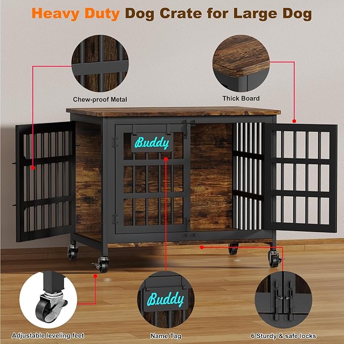 EasyCom 33"/27" Dog Crate Furniture with Name Tag, Heavy Duty Dog Kennel Indoor for Medium and Small Dogs, Double-Doors Sturdy Metal Dog Cage, Decorate House as TV Stand, End Table, Bedside Table-PurrikoPets
