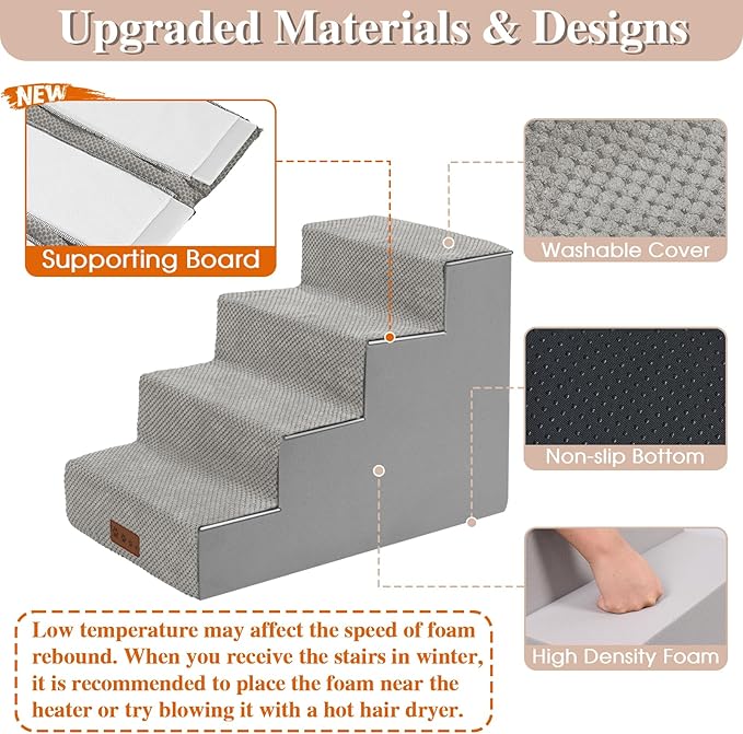 GGIB Non-Slip Pet Stairs for Small Dogs & Cats - 4-Step, Removable Washable Cover, Light Grey, 17" H-PurrikoPets