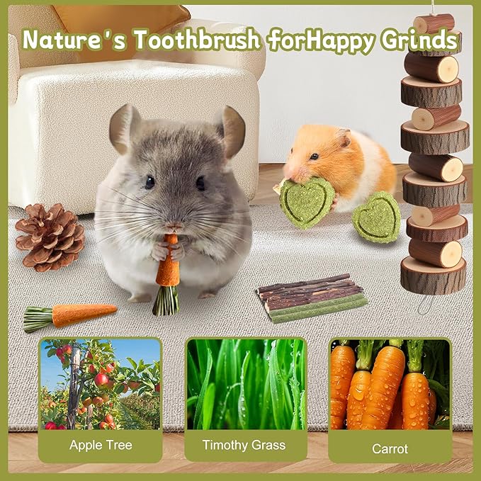 18 PCS Hamster Chew Toys Set, Natural Apple Wood Guinea Pig Toys, Hamster Cage Accessories Include Bridge, Seesaw, Carrot, Timothy Straw Stick Dental Care for Rat Gerbil Chinchilla Rabbits-PurrikoPets