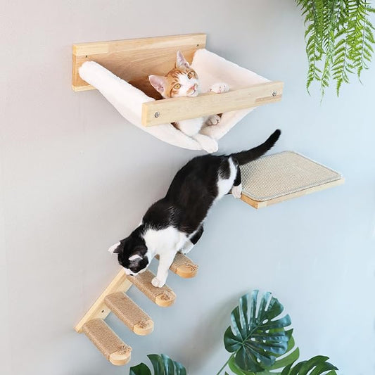 FUKUMARU Cat Wall Furniture, 3 Pack Cats Walls Shelves Set, Solid Rubber Wood Kitten Shelf for Sleeping, Playing, Climbing and Lounging-PurrikoPets