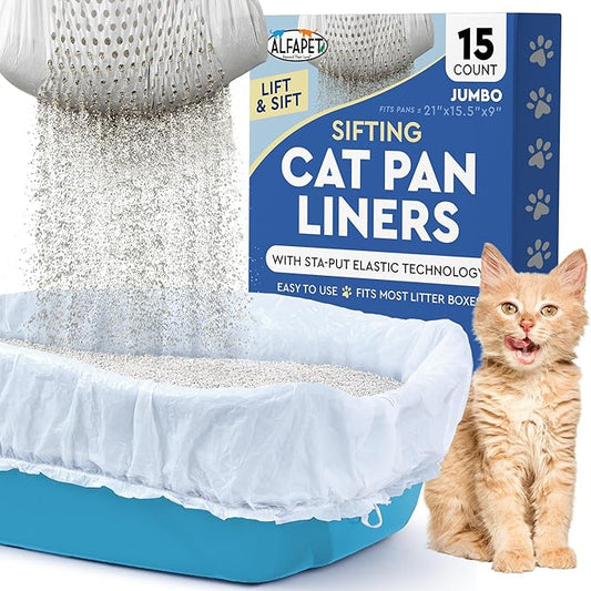 Alfapet Sifting Cat Litter Box Liners - Jumbo 15 Count, Pack of 5 - Tear-Resistant Cat Litter Bags, Waterproof Kitty Litter Liners, Fits Litterbox Pan Sizes X-Large, X-Giant, 37" x 18" 30 lb Capacity-PurrikoPets