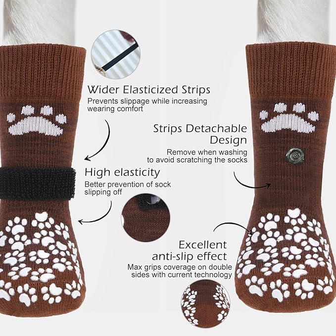 EXPAWLORER Anti Slip Dog Socks to Prevent Licking Paws, Dog Shoes for Hot Pavement, Dog Booties for Small Medium Large Senior Dogs, Traction Control Boots & Paw Protectors for Hardwood Floors Coffee-PurrikoPets