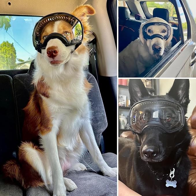 Dog Sunglasses UV Protection Clear Dog Goggles Windproof Glasses with Elastic Straps for Medium-Large Breed, Black Frame + Clear Lens-PurrikoPets