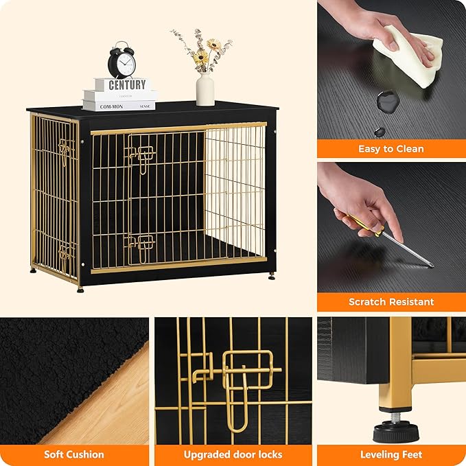 DWANTON Dog Crate Furniture with Cushion, Wooden Kennel Table with Double Doors, Indoor Dog House, Large Size, 38.5" L, Black+Gold-PurrikoPets