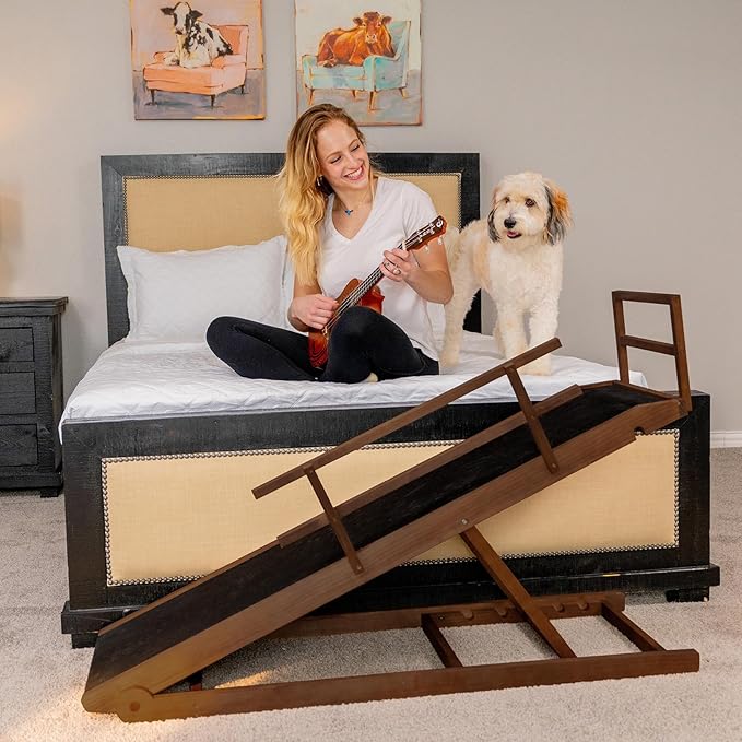 Dog Ramp for Bed, 5 Level Adjustable Dog Ramp for High Beds, Upgrade Rubber Mat High Traction Ramp with Safety Rails, Folding Pet Ramp for Bed, Couch,SUV, Natural Wood Pet Ramp for Small & Old Dogs-PurrikoPets