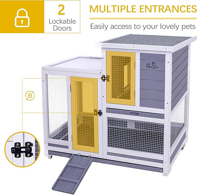 GEGURI Rabbit Hutch, Two-Story Indoor Bunny Cage, Outdoor Guinea Pig Cages for Small Animals with Wheels, Removable Tray-PurrikoPets