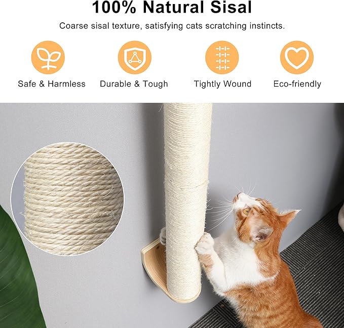 FUKUMARU Cat Wall Scratcher, 28" Wall Mounted Kitten Scratching Post, Sturdy Sisal Climbing Tree for Indoor Cats-PurrikoPets