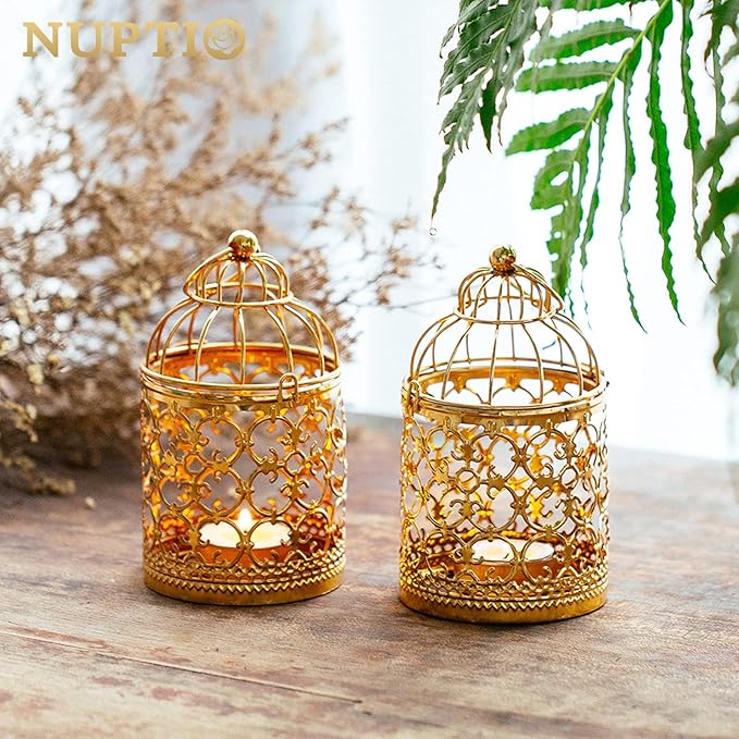6 Pcs Small Metal Tealight Hanging Birdcage Lantern, Vintage Decorative Centerpieces of Wedding, Party, Gold-PurrikoPets