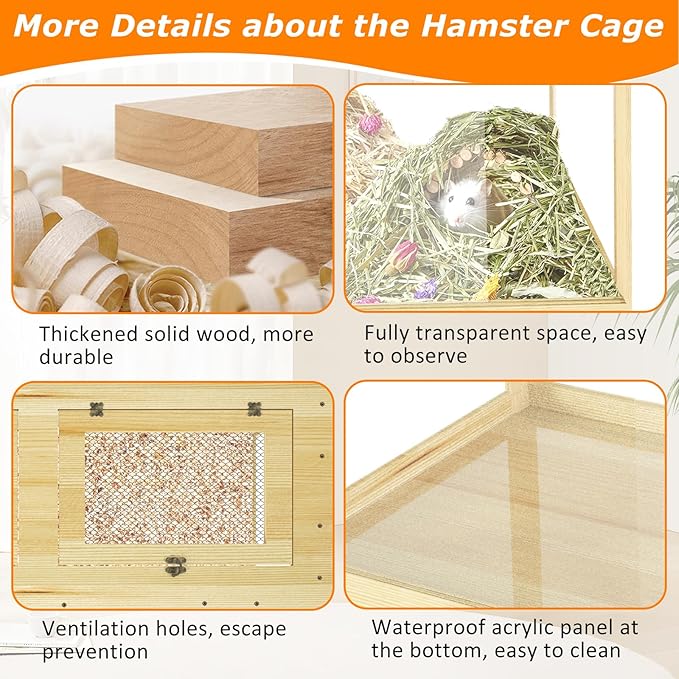 32" Hamster Habitat Enclosure, Lockable Sliding Door Gerbil Cage, Dwarf Hamster Cage with Metal Mesh Roof, Chewproof Syrian Hamster Cage for Mice, Small Animal, (Wooden, 32" L x 16" W x 16" H)-PurrikoPets