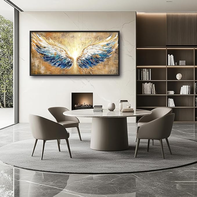 Extra Large Angel Wings Framed Wall Art for Living Room,Oversized Golden Wings Pictures Wall Decor,Holy Gold Blue Canvas Print Painting Modern Artwork Bedroom Office Bathroom 60L" x 30W"-PurrikoPets