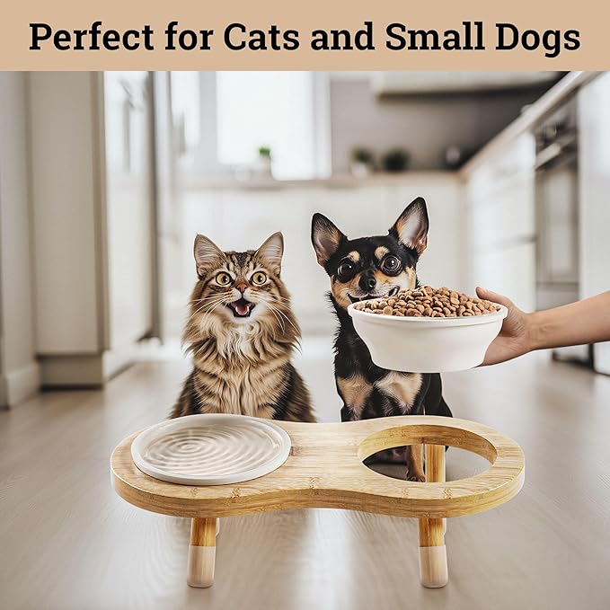 Elevated Cat Bowls - Set of 2 Ceramic Pet Food Bowls with Anti-Slip Bamboo Stand - 15 Degree Titled - Raised Dog Bowl for Small Dogs - Raised Cat Bowl Stand - Pet Feeding Station for Cats & Small Dogs-PurrikoPets