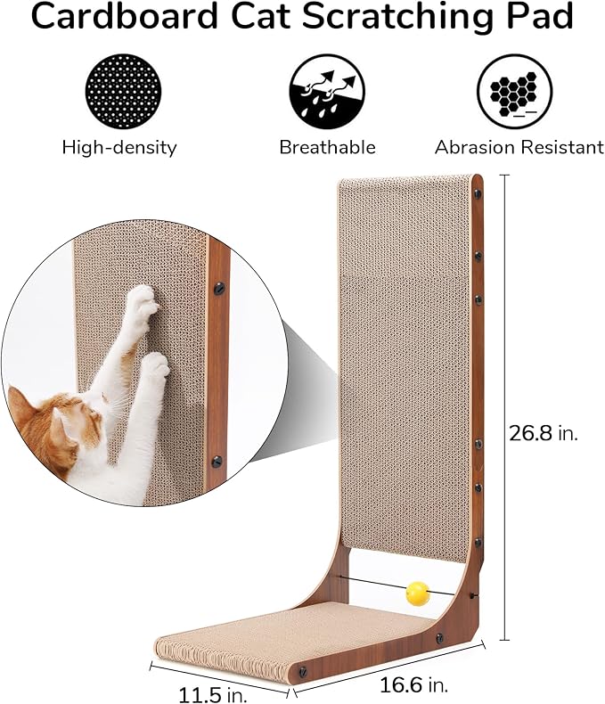 FUKUMARU Cat Scratcher, 26.8 Inch Cat Scratch Pad for Indoor Cats, L Shaped Cardboard Vertical Cats Scratching Board with Ball Toy, Walnut Color, 2 Packs-PurrikoPets