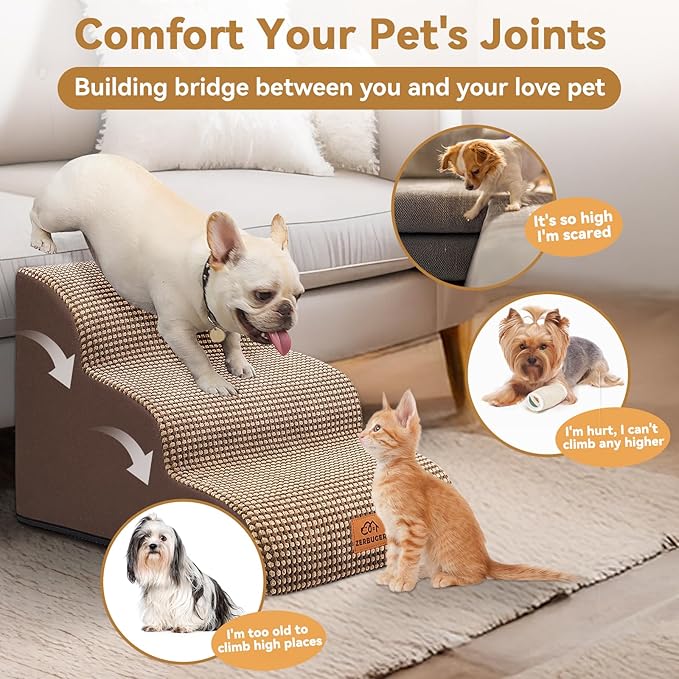 Dog Ramp and Stair for Bed 16" H-20 H,3-Step Cat Stair for Sofa and Chair,4-Step Dog Ramp for High Bed and Window,Durable Nonslip Fabric Cover for Indoor (Coffee-16 H, Pet Friendly, 3)-PurrikoPets
