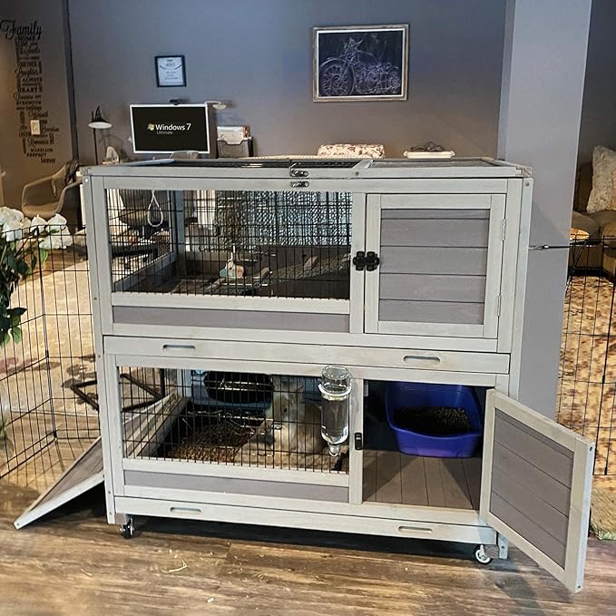 Aivituvin Rabbit Hutch Rabbit Cage Outdoor & Indoor on Wheels Bunny cage with Deep No Leak Pull Out Tray,Upgrade Version (Gray)-PurrikoPets