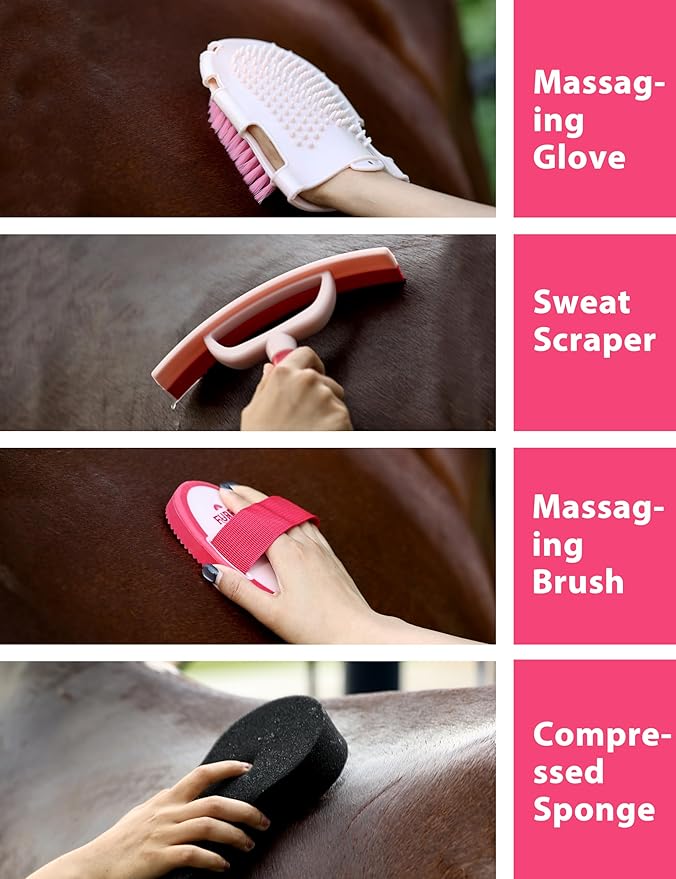 11PCS Horse Grooming Kit Curry Comb Sweat Scraper Horse Bathing Supplies Grooming Tools with Storage Bag Pink Garnet-PurrikoPets