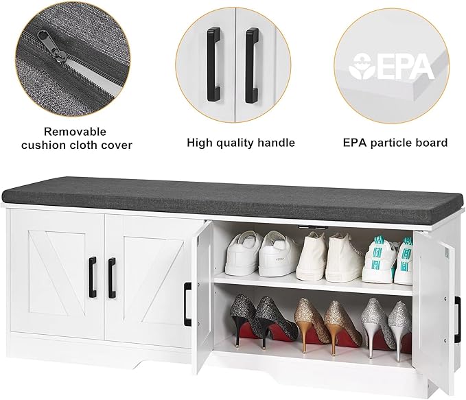 2-Tier Storage Bench, Shoe Bench with Padded Seat Cushion, Entryway Bench with 4 Barn Doors, Adjustable Shelf, 13.8" D x 47.2" W x 17.7" H, for Entryway, Living Room, Bedroom, White-PurrikoPets