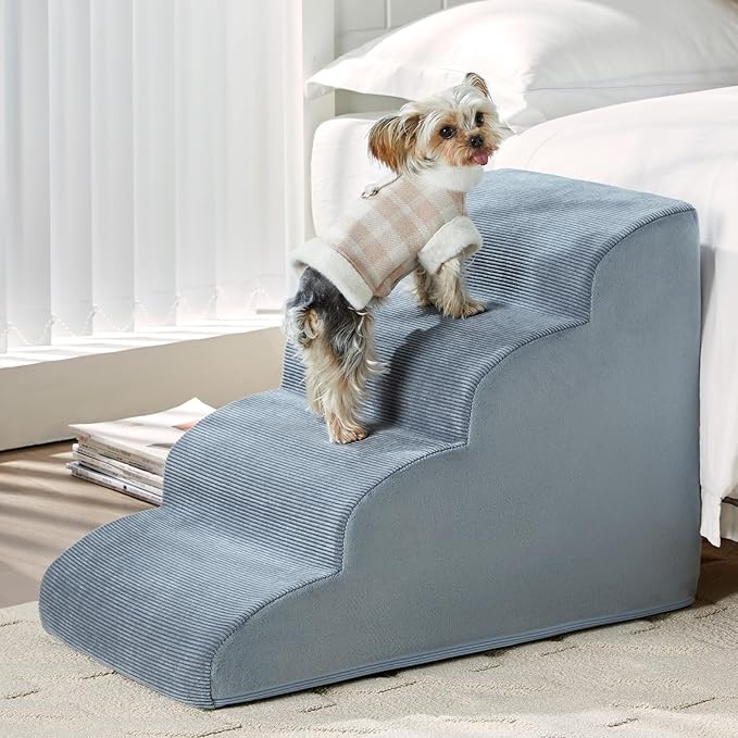 Dog Steps for Bed, 4-Steps Dog Ramp for Bed, Pet Stairs with Highly Supportive Foam and Non-Slip Bottom, Dog Stairs for Large Dogs and Medium Dogs (High 19.7 Inch), Grey-PurrikoPets