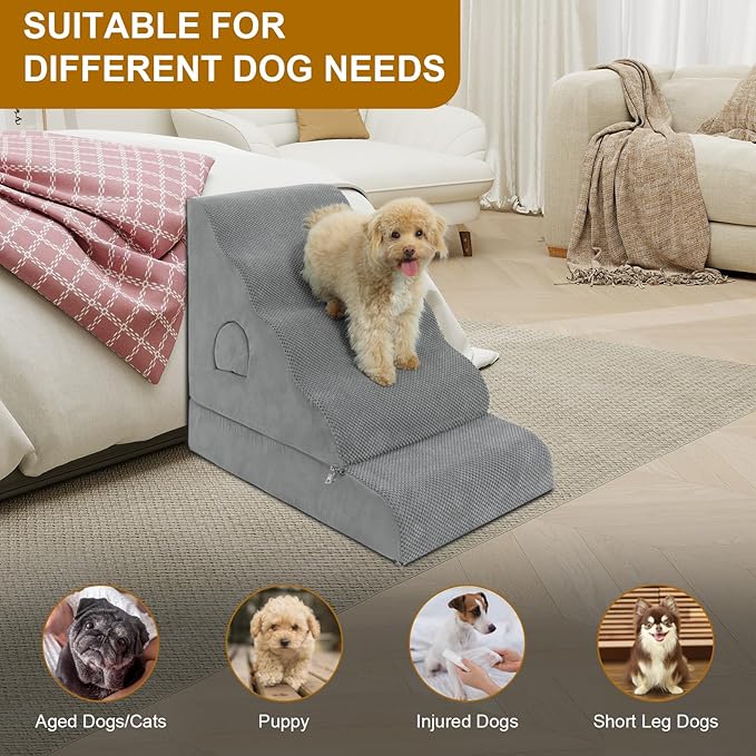 Dog Stairs for Small Dogs 24.6" H, 5-Step Dog Steps for High Bed, High-Density Foam Curved Pet Stairs with Non-Slip Removable Washable Cover to Get on Bed-PurrikoPets