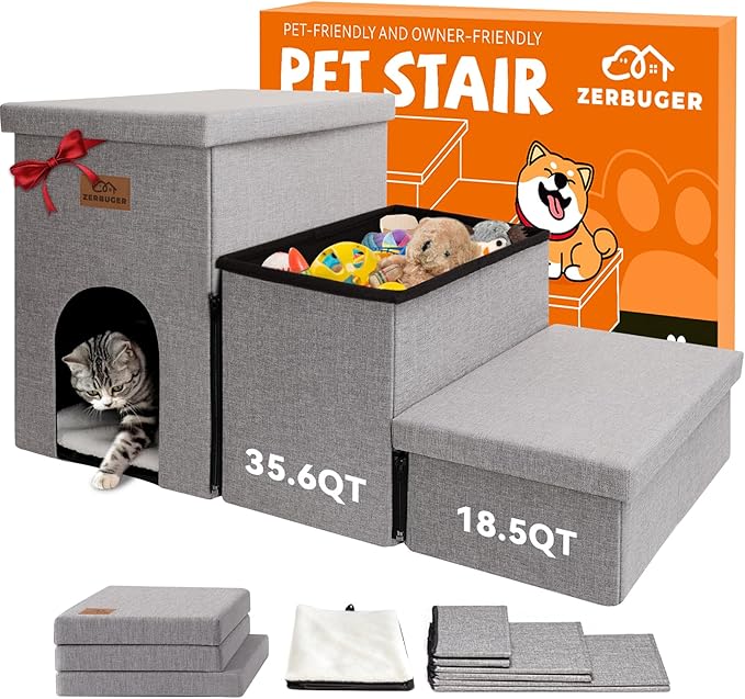 Dog Stairs 18" H, 3-Step Wider Dog Steps for High Beds Couch, Folding Storage Pet Stairs Gift for Small/Medium/Large Old Dogs Cats, Ramp for Climbing Car Up to 200 lbs, (Gray, with Condo)-PurrikoPets
