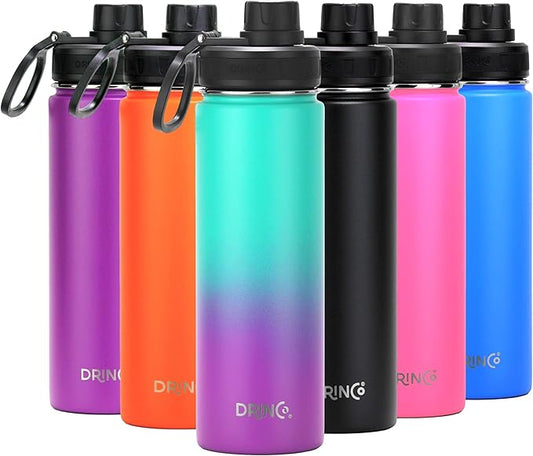 DRINCO Stainless Steel Water Bottle Spout Lid Vacuum Insulated Double Wall Water Bottle Wide Mouth (40oz 32oz 22oz 18oz 14oz) Leak Proof Keeps Cold or Hot (22 oz, 22oz Ombre Fuschia Teal)-PurrikoPets
