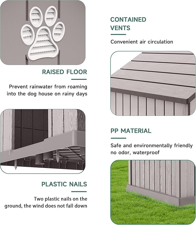DRATO Indoor Outdoor Waterproof Dog House,PP Material,Puppy Shelter with Air Vents and Elevated Floor,Sturdy Dog Kennel for Small to Large Sized Dogs, Easy to Assemble (Gray, 38.62×36.26×38.07 Inches)-PurrikoPets
