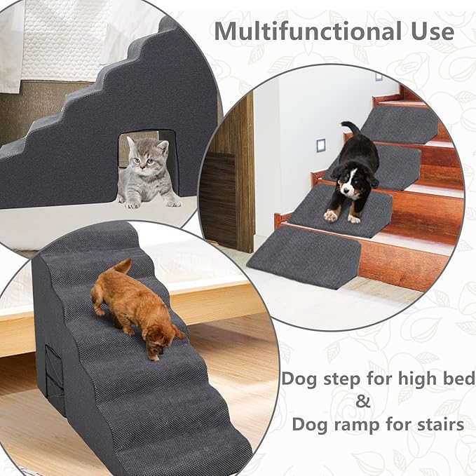 Dog Stairs for High Beds 30-36 inches Tall, 7-Step Pet Stairs/Steps for Small Large Dogs, 30D Foam Pet Steps/Ramp/Ladder for High Bedsides, with 4pcs Dog Ramp for Stairs, Dark Grey-PurrikoPets