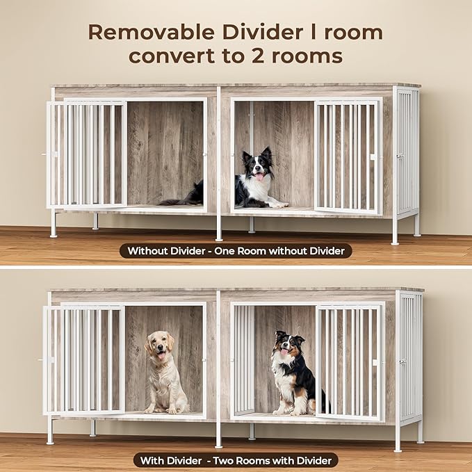 78 Inch Dog Cage Furniture for 2 Large/Medium Dogs with Removable Divider, Extra Large Double Doors Dog Kennel, XXL Thick Wooden Dog cage Furniture, Durable and Sturdy, Beige-PurrikoPets