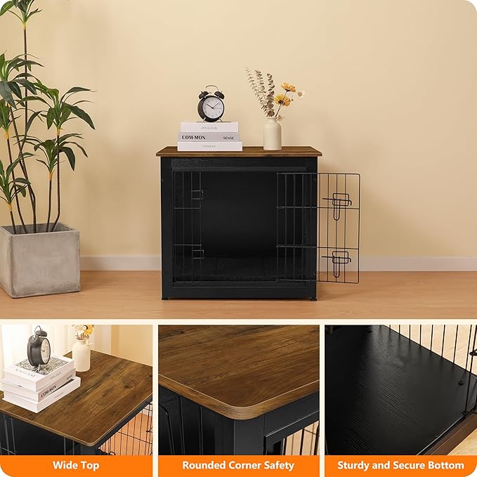 DWANTON Dog Crate Furniture with Cushion, Wooden Kennel Table with Double Doors, Indoor Dog House, Small/Medium/Large Size, 27.2" L, Black+Warm Brown-PurrikoPets