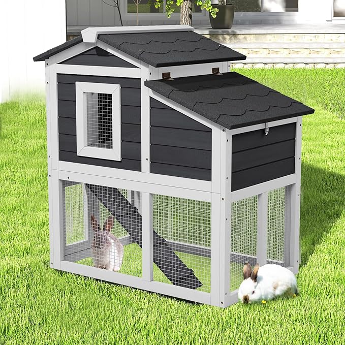 2 Story Rabbit Cage, Weatherproof Rabbit Hutch Indoor & Outdoor, Wooden Guinea Pig Cages with Removable Tray Openable Roof for Small to Medium Animals-PurrikoPets