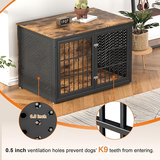 48" Rustic Heavy Duty Dog Crate Furniture for Extra Large Dogs, Metal Kennel for High Anxiety Dogs, Wooden Cage Furniture Indoor, Decorative Dog Kennel End Table, XL-PurrikoPets