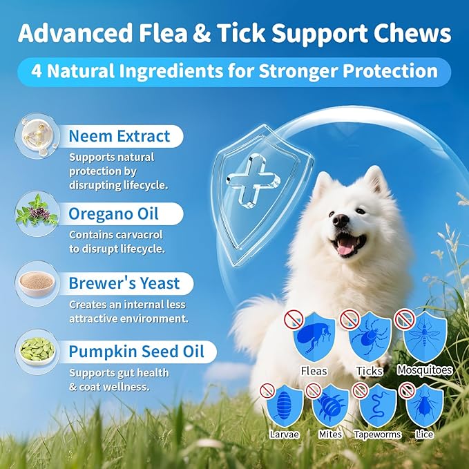 Dog Flea and Tick Support Chewable, Natural Dog Flea Comfort Supplement, Oral Chews with Neem, Oregano Oil, Pumpkin Seed Oil & Brewer's Yeast – 135 Soft Chews, Beef Flavor – for All Breeds & Sizes-PurrikoPets