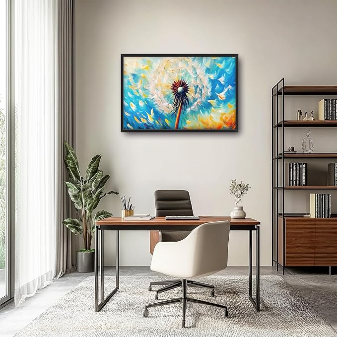 Extra Large Abstract Dandelion Framed Wall Art for Living Room,Oversized Colorful Dandelion Flower Pictures Wall Decor,Blue Canvas Print Painting Modern Artwork Bedroom Office Bathroom 36L" x 24W"-PurrikoPets