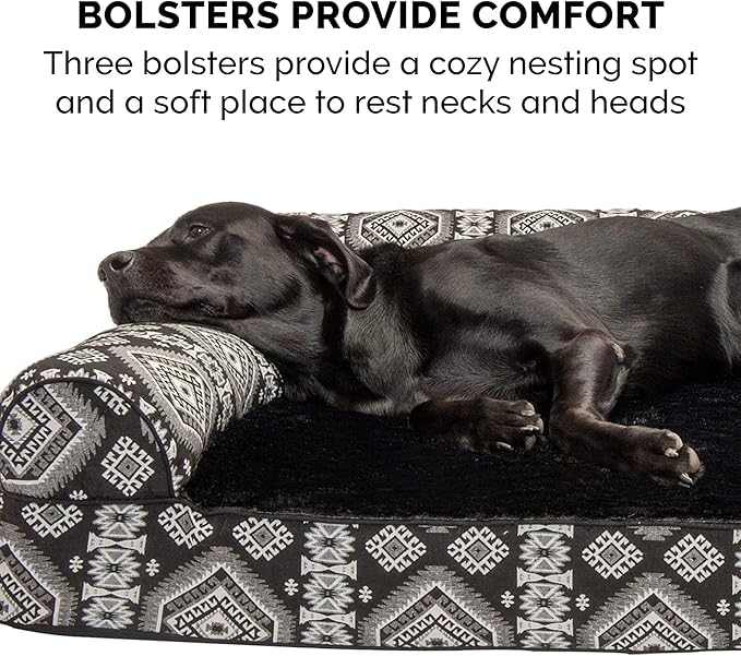 Furhaven Orthopedic Dog Bed for Large/Medium Dogs w/ Removable Bolsters & Washable Cover, For Dogs Up to 55 lbs - Plush & Southwest Kilim Woven Decor Sofa - Black Medallion, Large-PurrikoPets
