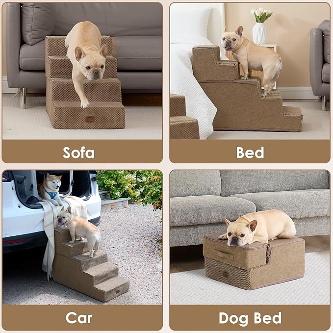 EHEYCIGA Dog Stairs for Small Dogs 13.5" H, 3-Step Dog Steps for Couch Sofa and Chair, Pet Steps for Medium Cats, Non-Slip Balanced Pet Ramp Indoor, Camel-PurrikoPets