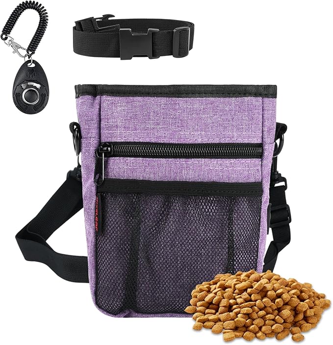 Dog Treat Pouches for Pet Training with Magnetic Closure Treat Pouches for Pet Training,Large Dog Treat Training Pouch and Dog Clicker,Training Treat Pouch Built-In Poop Bag Dispenser-Purple.-PurrikoPets