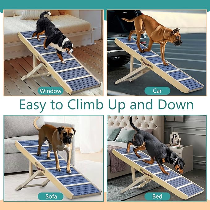 Dog Ramp for Bed, Upgraded 46.8" Long Portable Dog Ramp for Couch, Wood Folding Pet Ramp for All Breeds Large Old Dogs to Get on Bed, 5 Adjustable Heights 14.8" to 26.2" (Wood, Up to 150lbs)-PurrikoPets