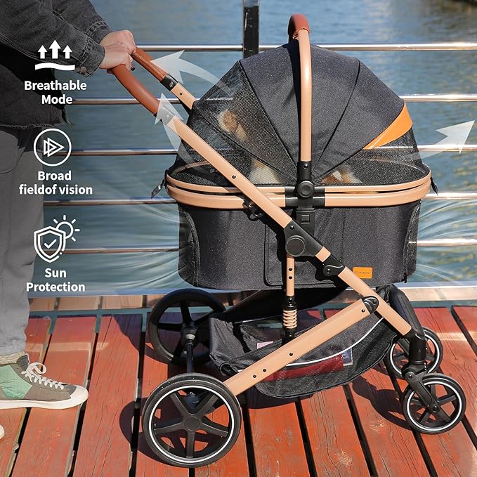 EchoSmile 4 in 1 Pet Stroller, Folding Lightweight Cat & Dog Stroller with Detachable Carrier, NO-Zip 180° Reversible Canopy, All Terrain 4-Wheel,45 lbs Capacity for Small to Medium Dogs-PurrikoPets