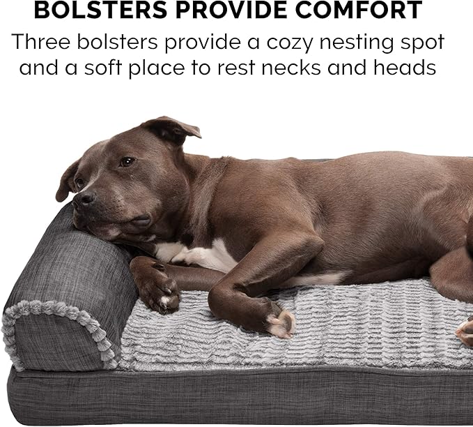 Furhaven Orthopedic Dog Bed for Large/Medium Dogs w/ Removable Bolsters & Washable Cover, For Dogs Up to 55 lbs - Luxe Faux Fur & Performance Linen Sofa - Charcoal, Large-PurrikoPets