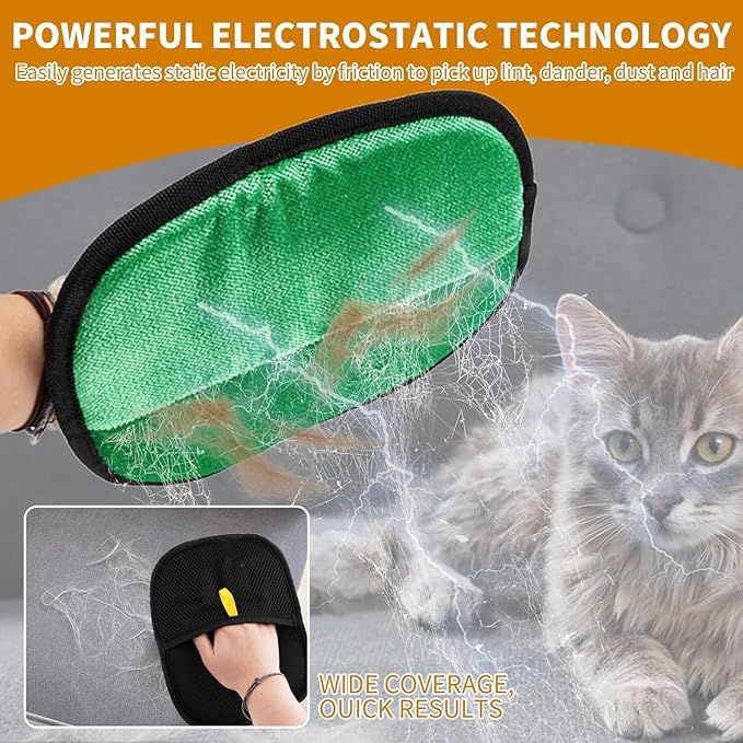 2PCS Electrostatic Pet Grooming Gloves, Reusable Hair Remover for Dog Cat Fur on Clothes Furniture Car Seat/Green-PurrikoPets