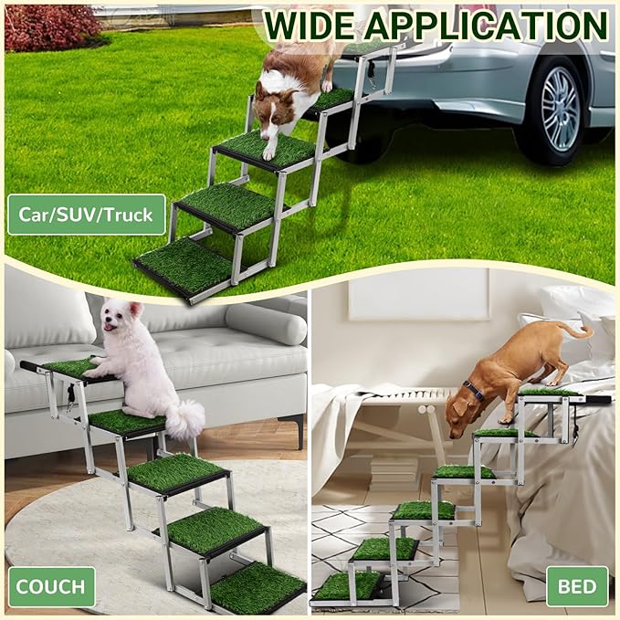 Dog Stairs for Car, Portable Folding Dog Ramps,Dog Steps for Large Dogs with Non-Slip Grass Rug for Cars, SUV, Trucks, Lightweight Pet Ramp Supports Up to 200 lb, 6 Steps-PurrikoPets