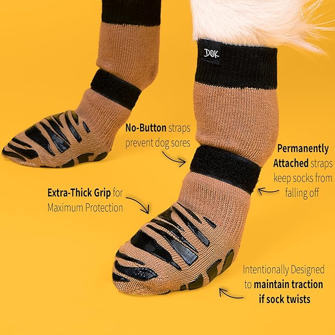 DOK TigerToes Premium Non-Slip Dog Socks for Hardwood Floors - Extra-Thick Grip That Works Even When Twisted - Prevents Licking, Slipping, and Great for Dog Paw Protection (Cool Caramel, X-Large)-PurrikoPets