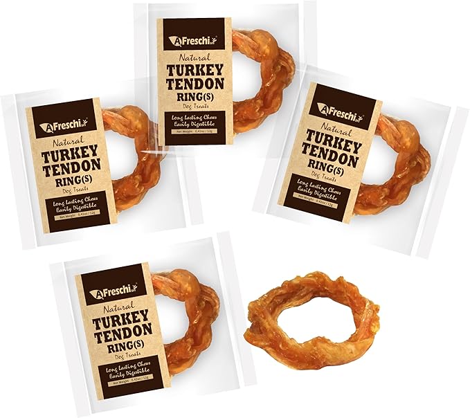 Afreschi Turkey Tendon for Dogs, Dog Treats for Signature Series, All Natural Human Grade Puppy Chew, Ingredient Sourced from USA, Hypoallergenic, Rawhide alternative, 4 Units/Pack Ring (Small)-PurrikoPets