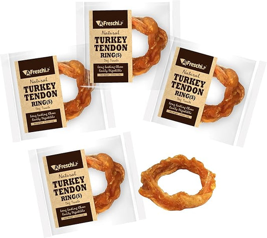 Afreschi Turkey Tendon for Dogs, Dog Treats for Signature Series, All Natural Human Grade Puppy Chew, Ingredient Sourced from USA, Hypoallergenic, Rawhide alternative, 4 Units/Pack Ring (Small)-PurrikoPets